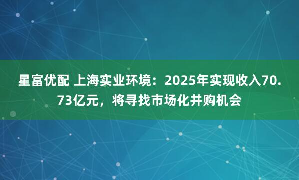 星富优配 上海实业环境：2025年实现收入70.73亿元，将寻找市场化并购机会